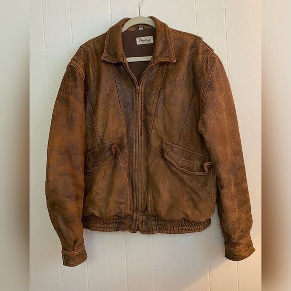 Philippe Monet Leather Jacket Men’s 42 Brown Bomber Thrashed Vintage See Photos